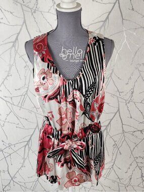 Arianne Pink Artsy Floral Silk Stretch Satin Tie Waist Tank